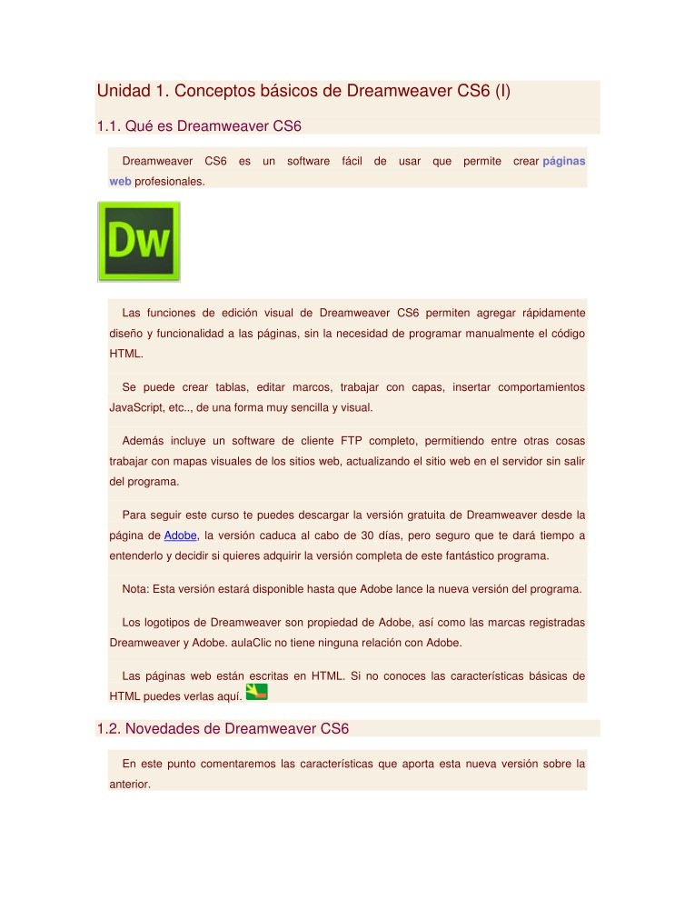 Imágen de pdf Unidad 1. Conceptos básicos de Dreamweaver CS6 (I)